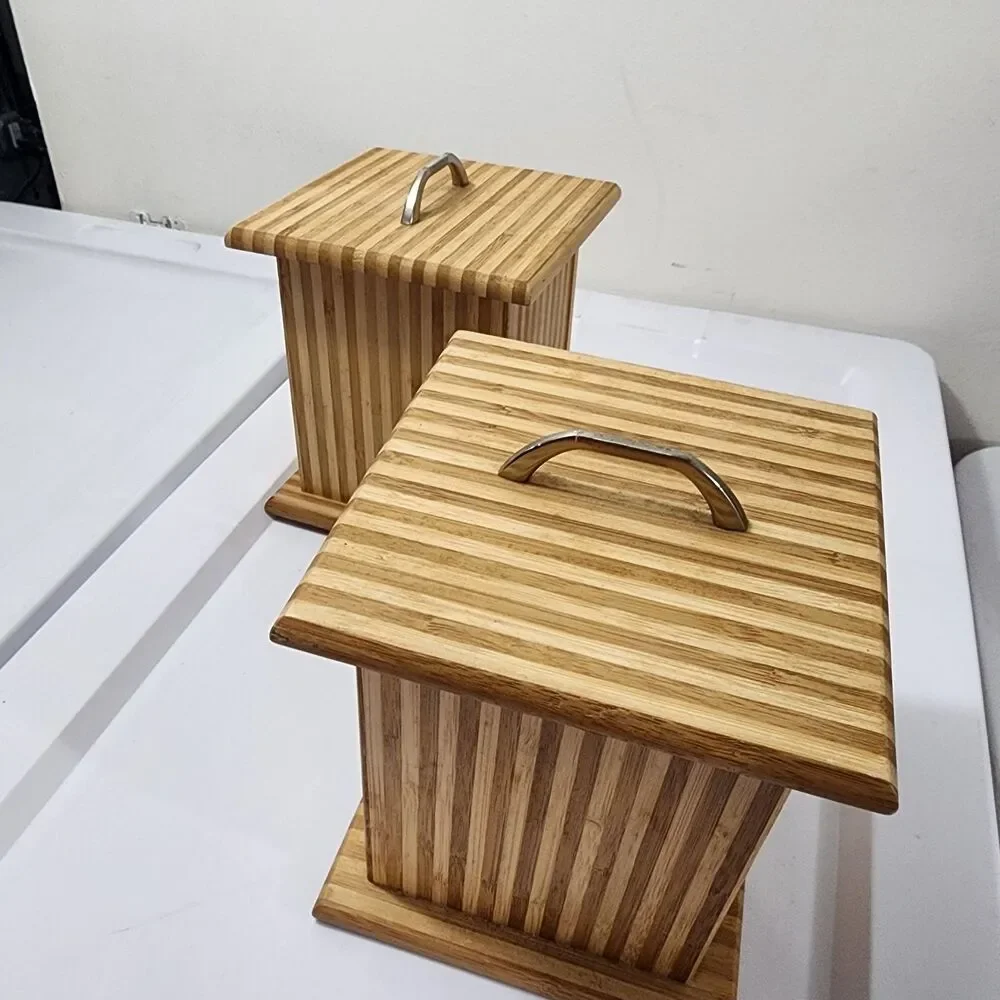 Vintage MCM Bamboo Fluted Column-style Decorative Boxes Kitchen Canisters Lid
